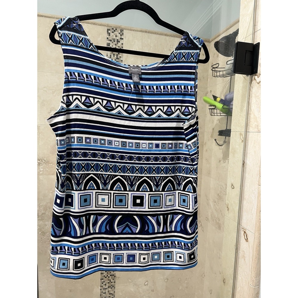 Chico's Travelers Tank Shell Blouse Size 2 Blue White Geometric Print Sleeveless